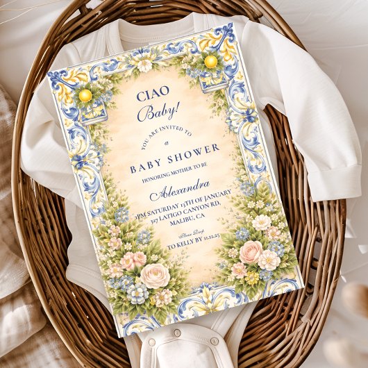 Italian Lemon Floral Frame Baby Shower 招待状