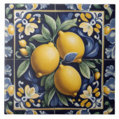Italian Lemon Folk Art Dark Navy Blue Folksy タイル (正面)