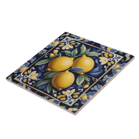 Italian Lemon Folk Art Dark Navy Blue Folksy タイル (側面)