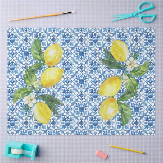 Italian Lemons Blue White Tile Decoupage 薄葉紙 (クラフト)