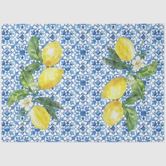 Italian Lemons Blue White Tile Decoupage  薄葉紙 (正面)