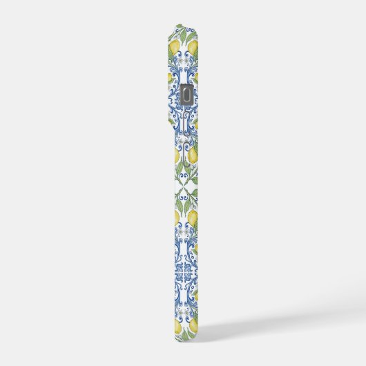 Italian Mediterranean Blue Tile Lemon Pattern iPhoneケース (左側面)