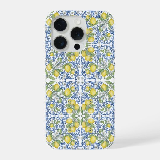 Italian Mediterranean Blue Tile Lemon Pattern iPhoneケース (裏面)