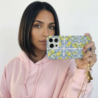 Italian Mediterranean Blue Tile Lemon Pattern iPhone 15 Proケース