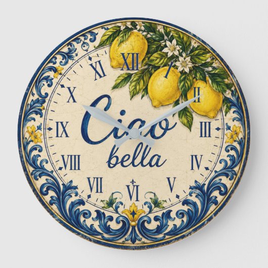 Italian Mediterranean Kitchen Amalfi Coast Lemon ラージ壁時計 (正面)
