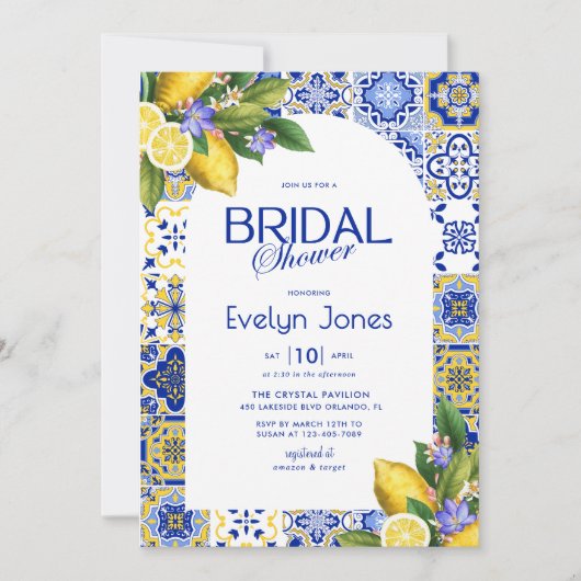 Italian Mosaic Blue Tile Lemons Arch Bridal Shower 招待状 (正面)