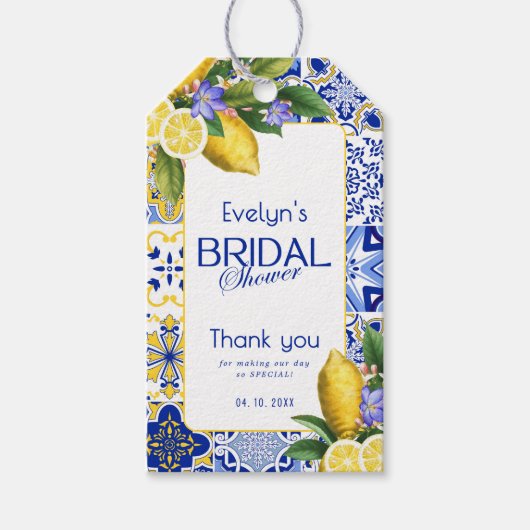 Italian Mosaic Blue Tile & Lemons Bridal Shower ギフトタグ (正面)