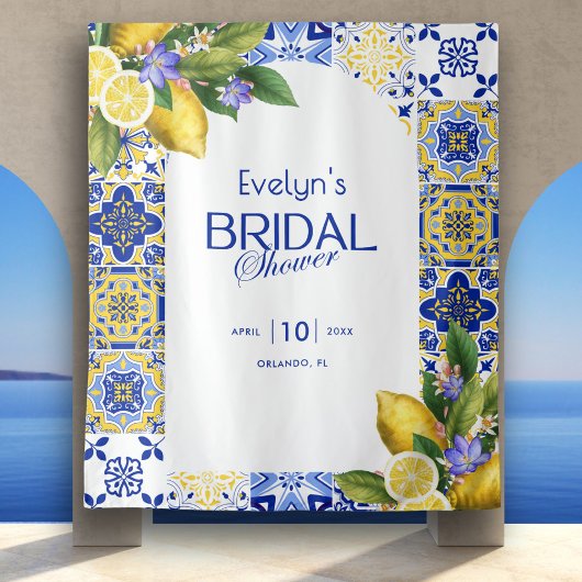 Italian Mosaic Blue Tile Lemons Bridal Shower タペストリー