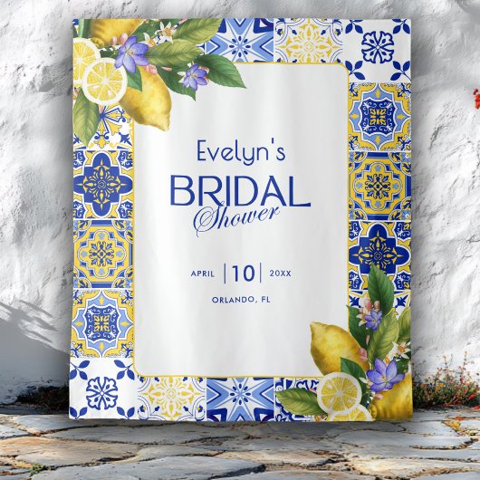 Italian Mosaic Blue Tile Lemons Bridal Shower タペストリー