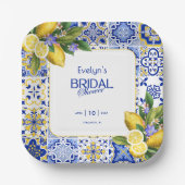 Italian Mosaic Blue Tile Lemons Bridal Shower ペーパープレート (正面)