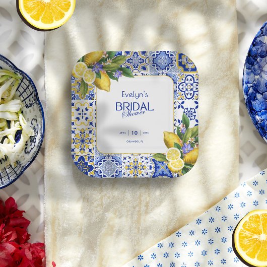 Italian Mosaic Blue Tile Lemons Bridal Shower ペーパープレート
