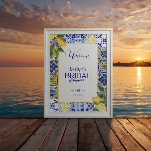 Italian Mosaic Blue Tile & Lemons Bridal Shower ポスター