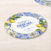 Italian Mosaic Blue Tile Lemons Bridal Shower ラウンドペーパーコースター (アングル)