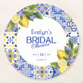 Italian Mosaic Blue Tile Lemons Bridal Shower ラウンドペーパーコースター (正面)