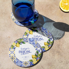Italian Mosaic Blue Tile Lemons Bridal Shower ラウンドペーパーコースター