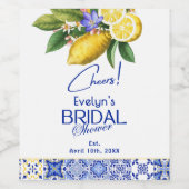 Italian Mosaic Blue Tile & Lemons Bridal Shower ワインラベル (シングルラベル)