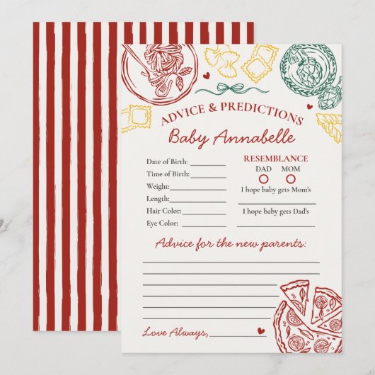 Italian Pasta Advice for Baby Shower Card 招待状 (正面/裏面)