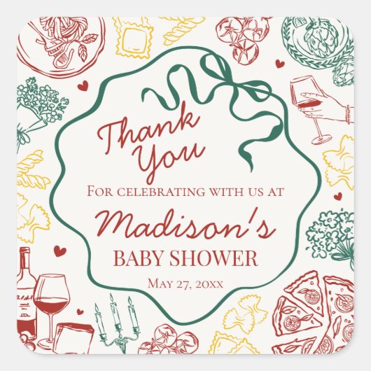 Italian Pasta Special Delivery Baby Shower Favor スクエアシール (正面)