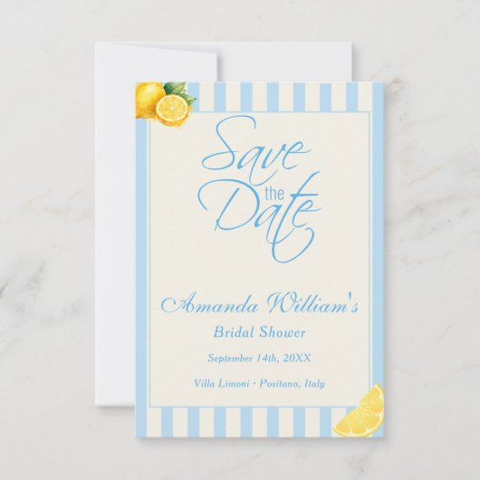 Italian Pastel Blue Stripes Lemons bridal Shower セーブザデート (正面)