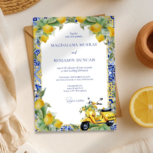 Italian Scooter Lemons and Blue Tiles Wedding 招待状