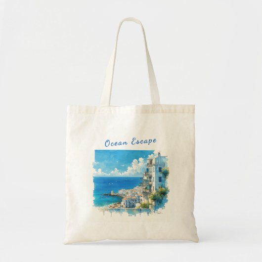 Italian Seaside Town Watercolor Ocean Escape トートバッグ (正面)