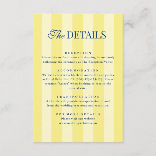 Italian Striped Blue & Yellow Wedding Details エンクロージャーカード (正面)