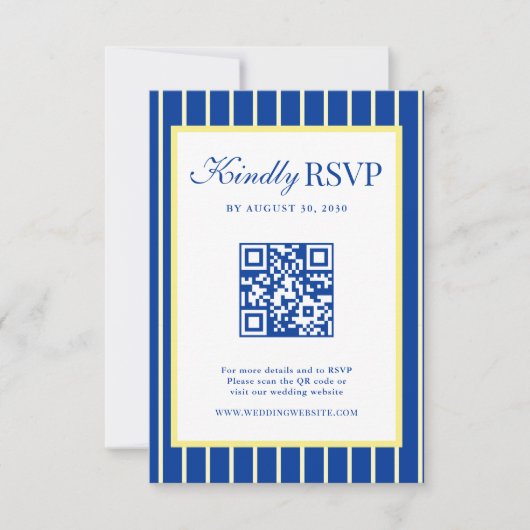 Italian Striped Blue & Yellow Wedding QR Code 出欠カード (正面)