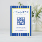 Italian Striped Blue & Yellow Wedding QR Code 出欠カード (スタンド正面)