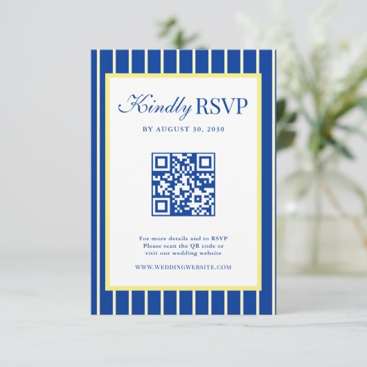 Italian Striped Blue & Yellow Wedding QR Code 出欠カード (スタンド正面)