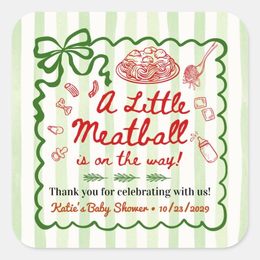 Italian Theme Baby Shower Green Bow スクエアシール (正面)