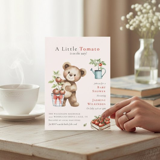 Italian Theme Teddy Bear Tomato Baby Shower QR 招待状