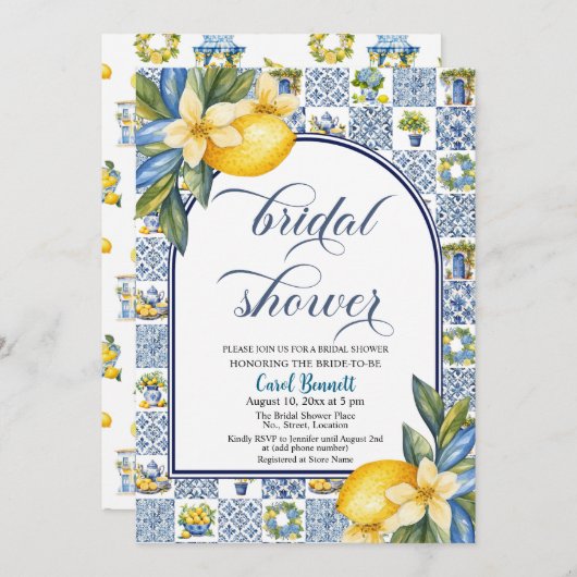 Italian Tiles Lemon Theme Summer Bridal Shower 招待状 (正面/裏面)