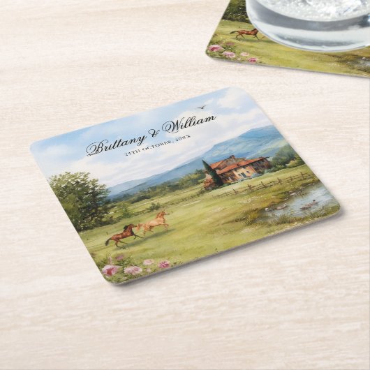 Italian Tuscan Countryside Wedding  スクエアペーパーコースター (アングル)