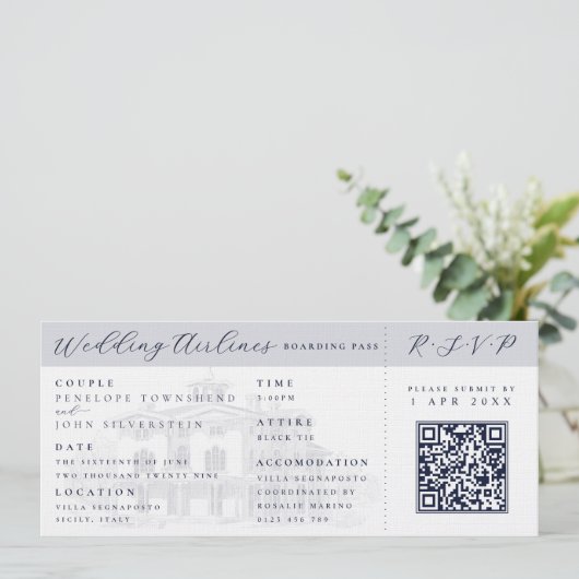Italian Villa Plane Ticket Destination Wedding 招待状 (スタンド正面)