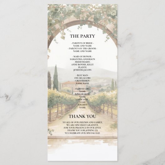 Italian Vineyard Wedding Program | Tuscan Arch  メニュー (裏面)