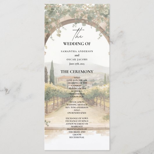 Italian Vineyard Wedding Program | Tuscan Arch  メニュー (正面)