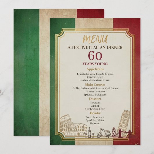 Italian Vintage 60th Birthday Party Dinner Menu メニュー (正面/裏面)