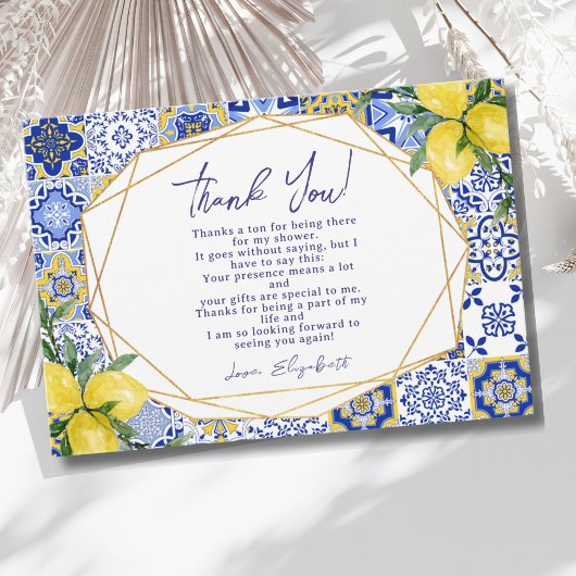 Italian watercolor tiles with lemon Bridal Shower サンキューカード