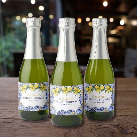 Italian watercolor tiles with lemon, Bridal Shower スパークリングワインラベル