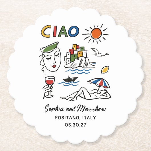Italian Wedding Hand Drawn Amalfi Coast Modern  ペーパーコースター (正面)