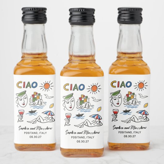 Italian Wedding Whimsical Hand Drawn Amalfi Coast  リキュールボトルラベル (ボトル)
