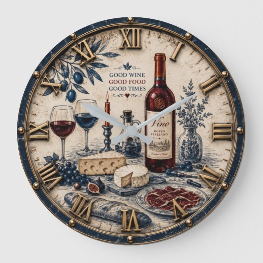 Italian Wine & Cheese Kitchen Decor ラージ壁時計 (正面)