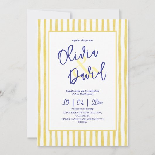 Italy Citrus Yellow Pinstripe Hand Written Wedding 招待状 (正面)