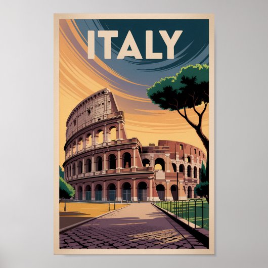 Italy Colosseum Illustration Travel Art Vintage ポスター (正面)
