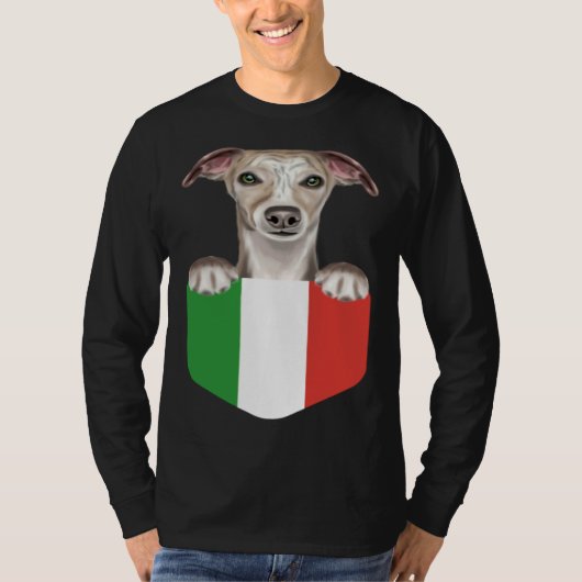 Italy Flag Whippet Dog In Pocket Tシャツ (正面)