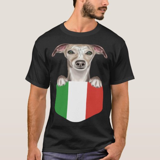 Italy Flag Whippet Dog In Pocket Tシャツ (正面)