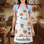 Italy Fun Food Chef Colorful エプロン<br><div class="desc">Get ready to stir up some authentic flavor with this Italian flare apron! This vibrant apron features a playful, watercolor print showcasing all your Italian favorites—from pizza and spaghetti to lasagna and a lovely glass of red wine. With bright red ties and a bold green-lettered name customization, it's the perfect...</div>