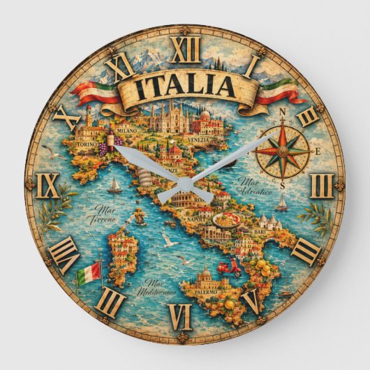 Italy Map Wall Vintage ラージ壁時計 (正面)