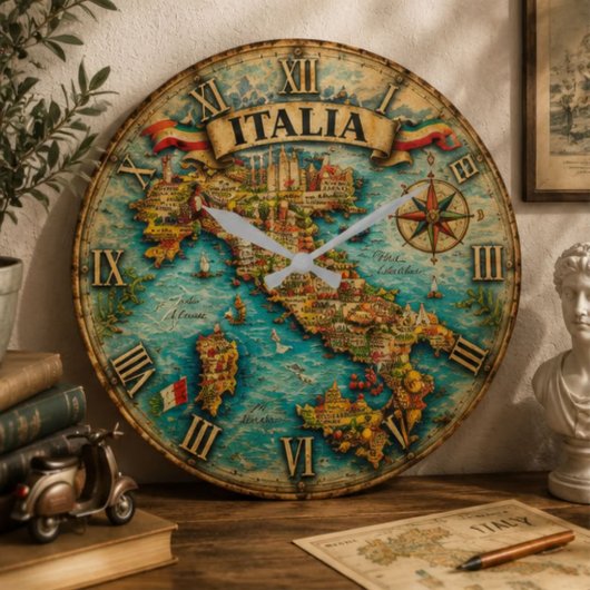 Italy Map Wall Vintage ラージ壁時計