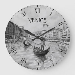 Italy Travel - VENICE black and white souvenir ラージ壁時計
